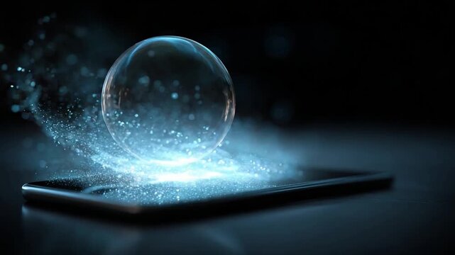 Digital Universe on the Device: a holographic orb materializes from a smartphone, creating a striking visual, representing the vast digital universe contained within modern technology.