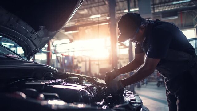 Automotive Technician at Work: A skilled automotive technician meticulously examines the engine compartment of a vehicle, in a workshop setting.