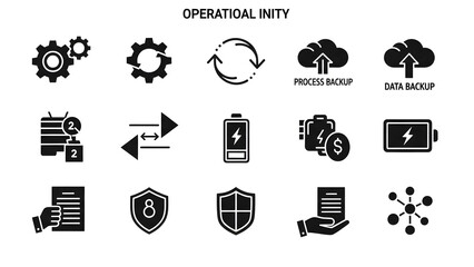 A collection of operational and data management icons representing concepts like processes, backups, security, and connectivity
