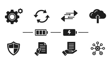 Set of digital icons representing cloud computing, data transfer, security, battery status, and workflow processes