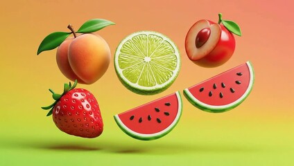 Fresh Fruit Medley - Strawberry, Lime, Peach, Plum, and Watermelon Slices Floating in a Vibrant Gradient Background. - Powered by Adobe