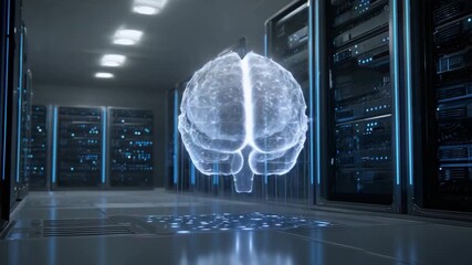 Brain of the Server Room: The complex intersection of technology and intellect. A futuristic brain hologram hovers within a server room, symbolizing the core of information. - Powered by Adobe