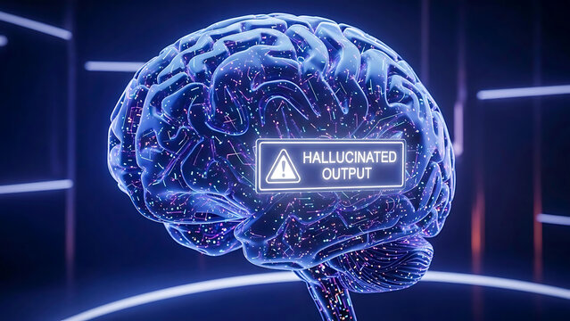 Digital brain with hallucinated output warning sign