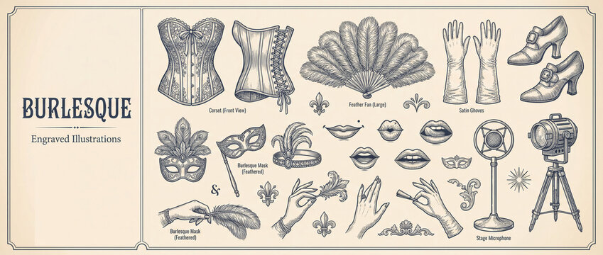 Elegant vintage collection of engraved burlesque illustrations featuring masks, corsets, and glamorous accessories