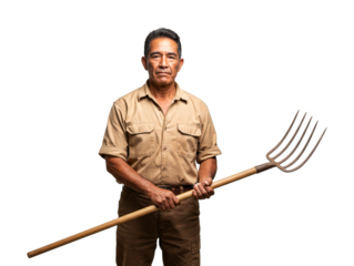 Mature man farmer holding a pitchfork looking directly at the camera with a serious and determined expression, representing agricultural labor and dedication.