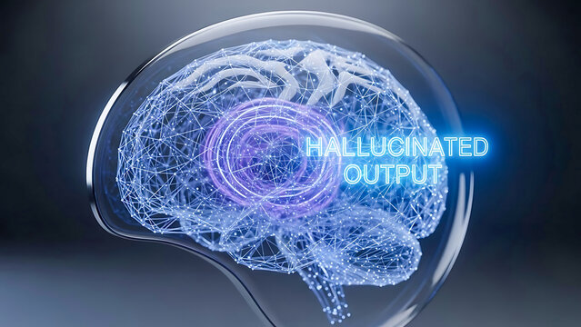 Digital brain with glowing text hallucinated output