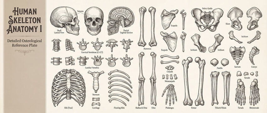 Detailed exploration of human skeleton anatomy featuring engraved elements from a vintage collection to enhance understanding of bone structure