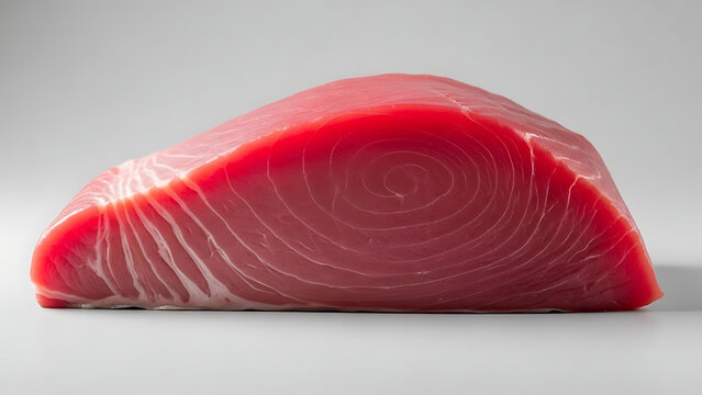 A close-up, studio shot of a fresh, raw tuna steak, showcasing its vibrant red flesh and distinct circular muscle patterns on a clean white background