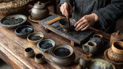 Hands are seen carefully mixing tea leaves in a rustic workspace filled with various bowls and tools. The setting shows a dedication to traditional brewing techniques.