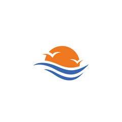 sunset logo with waves and birds in flat vector design style