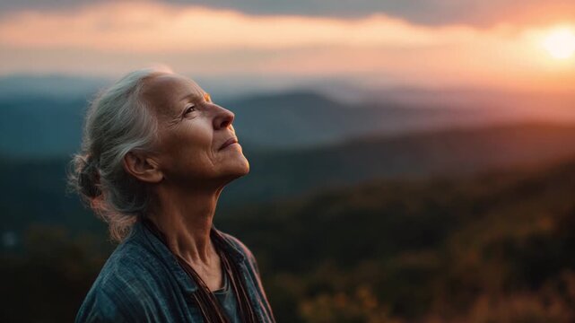 Gratitude at Sunset: An older woman closes her eyes, basking in the warm glow of the setting sun, finding serenity amidst a breathtaking landscape. Embracing the peace.