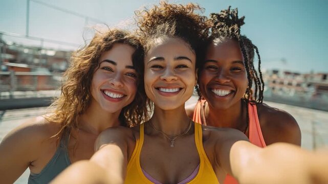 Smiling Trio's Selfie: Three radiant women capture a joyful selfie under the bright sky, a testament to friendship, and happiness.