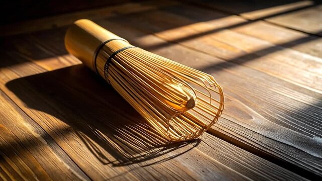 Traditional Bamboo Matcha Whisk on Wooden Surface