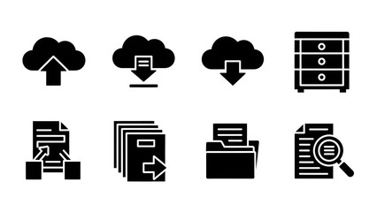 Cloud storage and data management icons, including upload, download, files, folders, and archiving