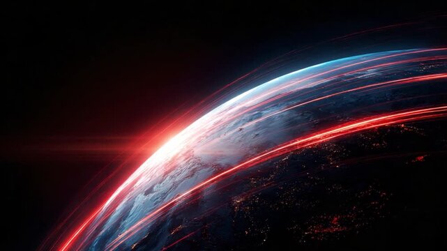 Earth's Celestial Embrace: A mesmerizing view of Earth from space, with radiant streaks of light encircling the globe.