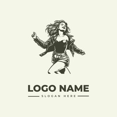 Obraz premium A dynamic woman in a vintage engraving style logo design with a black and white color scheme, incorporating a leather jacket and a short skirt, against a clean white background.