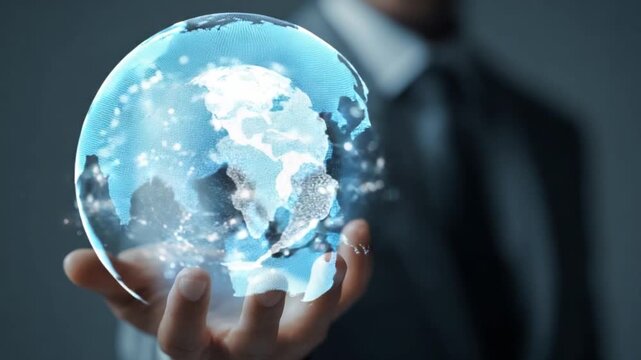 Global Connection: A person holding a glowing, digital globe, symbolizing global networks and technological progress. A compelling visual representing global interconnectedness and innovation.