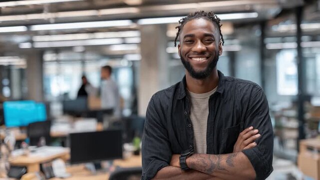 Portrait of Confidence: A confident man stands in a modern office, his warm smile and relaxed posture radiating a sense of competence and approachability. 