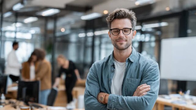 Confident Professional in Modern Workspace: A composed professional, exuding confidence, stands amidst a bustling office environment.