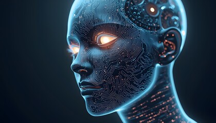 Obraz premium Futuristic Artificial Intelligence Concept: Cybernetic Humanoid Face with Glowing Eyes and Integrated Digital Circuitry