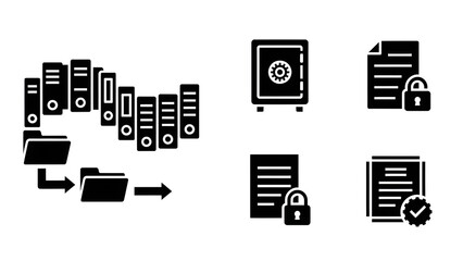 Vector icons for secure data management, digital document organization, and information protection. Concepts of secure file transfer, cloud storage, and privacy illustrated