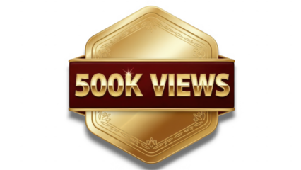 Golden 500k views achievement badge for social media milestone celebration isolated on transparent background