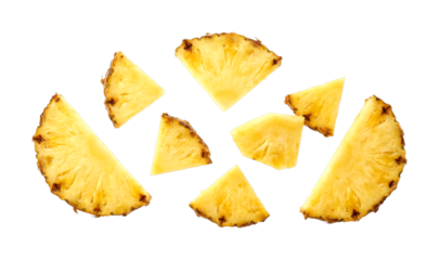 Fresh pineapple slices scattered, showcasing their vibrant yellow color and juicy texture, perfect for a healthy snack or tropical recipe.