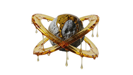 Dynamic abstract illustration of a textured planetoid at the core, embraced by intertwining streams of shimmering golden fluid, embodying cosmic energy and intricate design