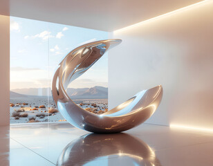 Abstract Cutaway Illustration of Segmented Metallic Form with Glowing Interior in Modern Gallery