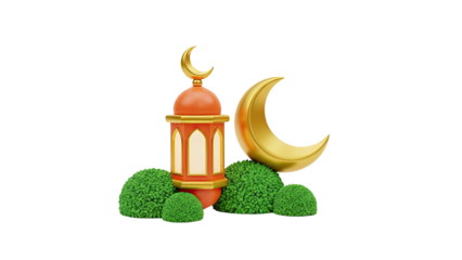 Islamic Festival Elements: Lantern, Crescent Moon, and Greenery