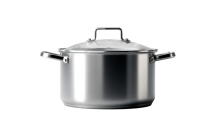 Modern stainless steel cooking pot with a transparent glass lid emitting gentle steam, ideal for showcasing culinary themes, food preparation, and kitchen appliance displays