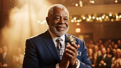 An elderly African American man in a suit smiles at a formal event.