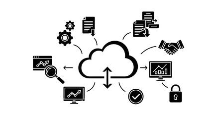 Cloud computing concept with data storage and analysis icons, representing digital transformation and information management