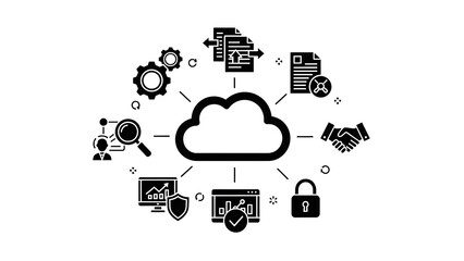 Cloud computing technology for business data management, security, and analysis with icons