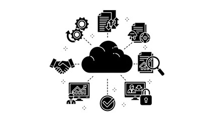 Integrated Cloud Computing Ecosystem Visualizing Data Management, Secure Storage, Business Process Automation, Analytics, and Collaboration for Modern Digital Solutions