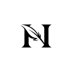 notary logo with letter N and quill pen in flat vector design style