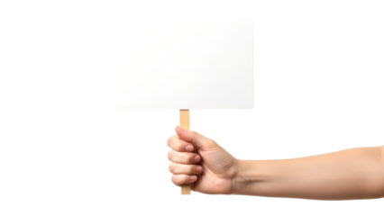 Human hand holding blank white rectangular sign on a wooden stick, offering a clean space for important messages or announcements.