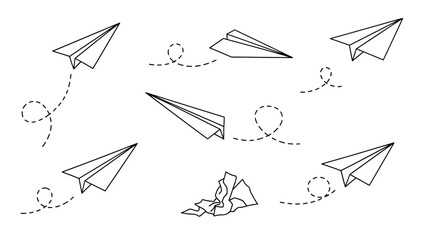 Hand drawn doodle arrows set featuring origami paper plane vector icons for business travel and aircraft flight design
