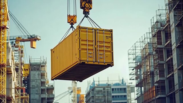 An eye-level shot showing a bright yellow container suspended in mid-air by a crane at a construction site on a clear sunny day