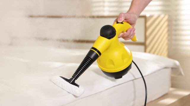 Pest control worker cleaning bed with steam cleaner indoors, closeup