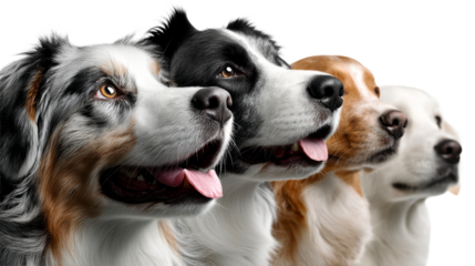 A lineup of diverse dog breeds including an Australian Shepherd, Border Collie, and two other friendly pets, perfect for showcasing animal companionship and veterinary care campaigns.