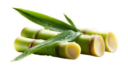 Fresh green sugarcane stalks with vibrant leaves and clear water droplets, perfect for showcasing natural ingredients or healthy food and drink products