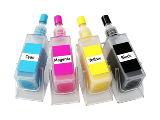 Four printer ink refill bottles displaying CMYK colors, crucial for achieving vibrant and accurate prints in modern printing technology.