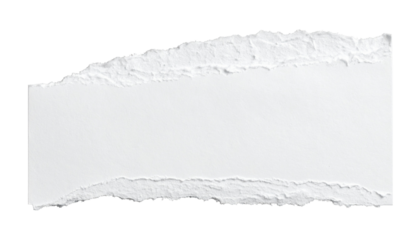 A close-up view of a rectangular strip of plain white paper with rough, torn edges on the top and bottom, isolated against a white background.