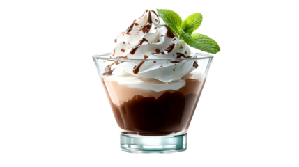 A refreshing layered chocolate dessert or beverage with whipped cream, chocolate drizzle, and fresh mint garnish in a clear glass, perfect for menu displays, food advertisements, and