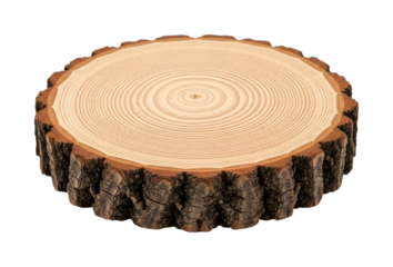 Natural wood tree slice with distinct annual growth rings and rugged bark texture, showcasing the beauty of organic material and natural patterns.