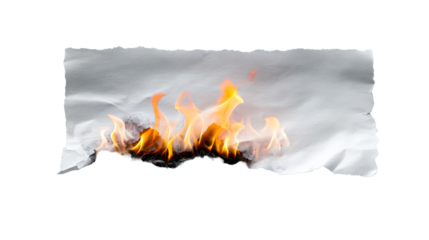 White textured paper sheet with rough edges burning brightly from the bottom displaying vibrant orange flames and dark charred ashes for themes of destruction change or transformation