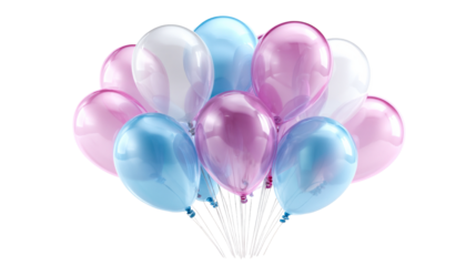A joyful bouquet of glossy pink blue and white translucent balloons floating together perfect for a cheerful celebration party or birthday greeting