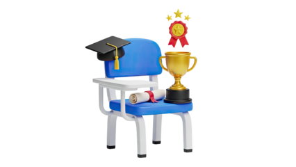 Graduation Cap, Diploma, Trophy, and Award on a Chair