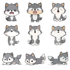Set Icon of Wolf kawaii minimal flat